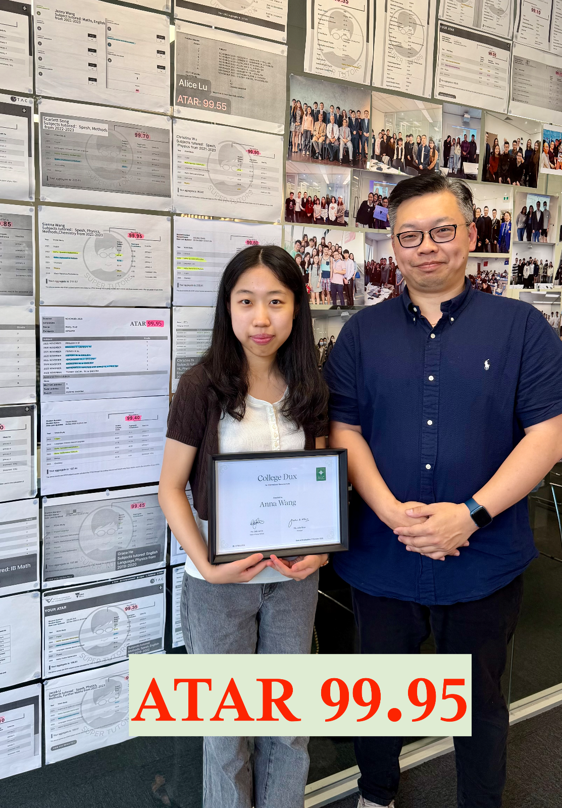 Anna Wang proudly holds her College Dux award alongside her Super Tutors mentor after achieving a perfect International Baccalaureate score of 45, equivalent to an ATAR of 99.95.
